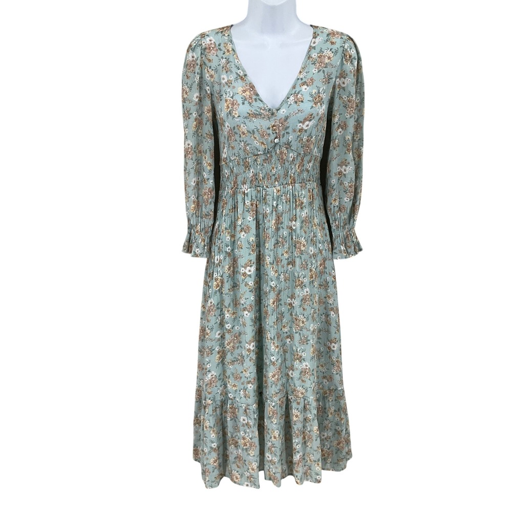 Blu Pepper Maxi Dress Womens S Green Floral Smocked Cottagecore Prairie Ethereal